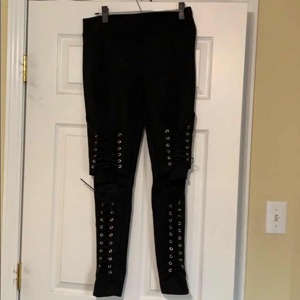 Woman’s Black Suede Feeling Leggings with Ties